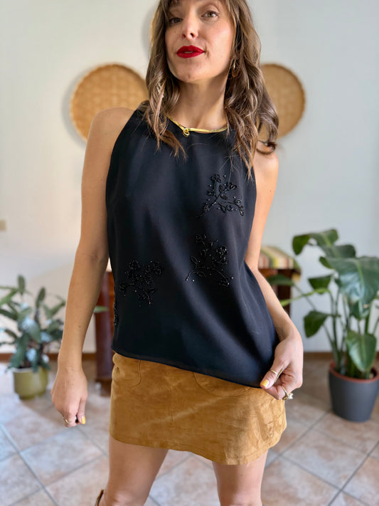 1990’s vintage black structured double layer sleeveless blouse with glass bead floral detailing