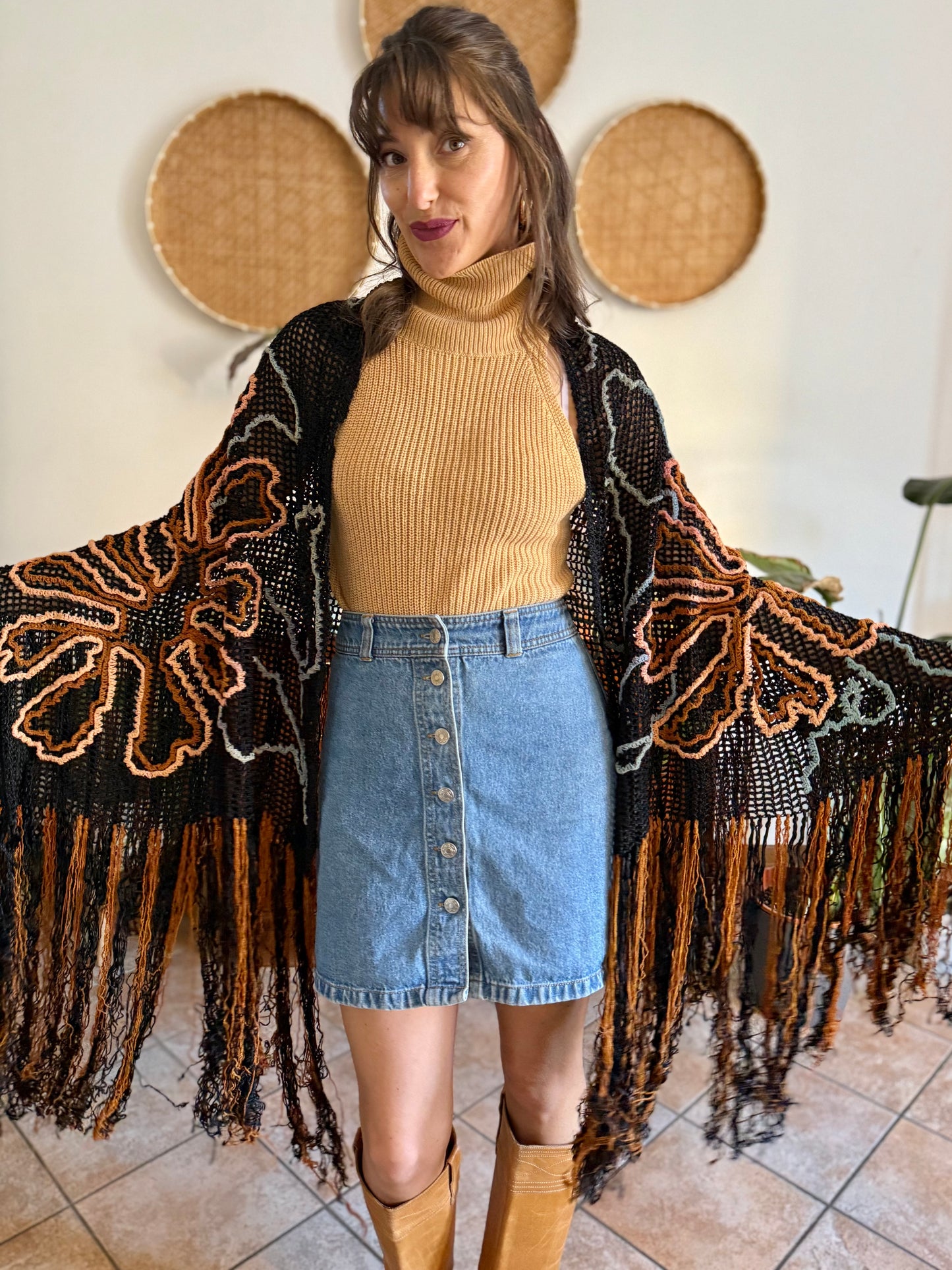 1970's vintage black and tan floral chenille knit shawl with fringe detailing