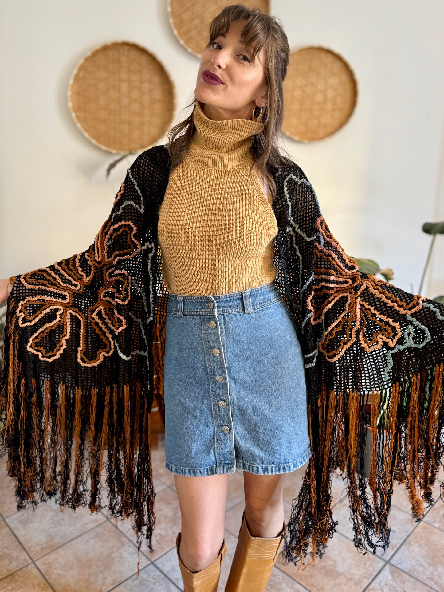 1970's vintage black and tan floral chenille knit shawl with fringe detailing