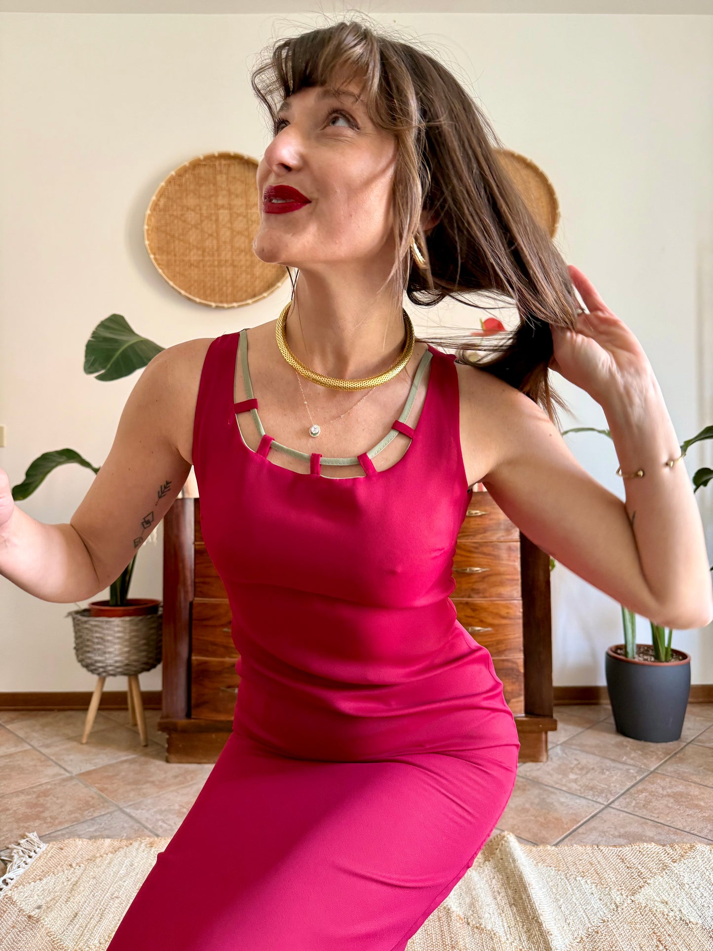 1990's vintage red and khaki reverable midi dress