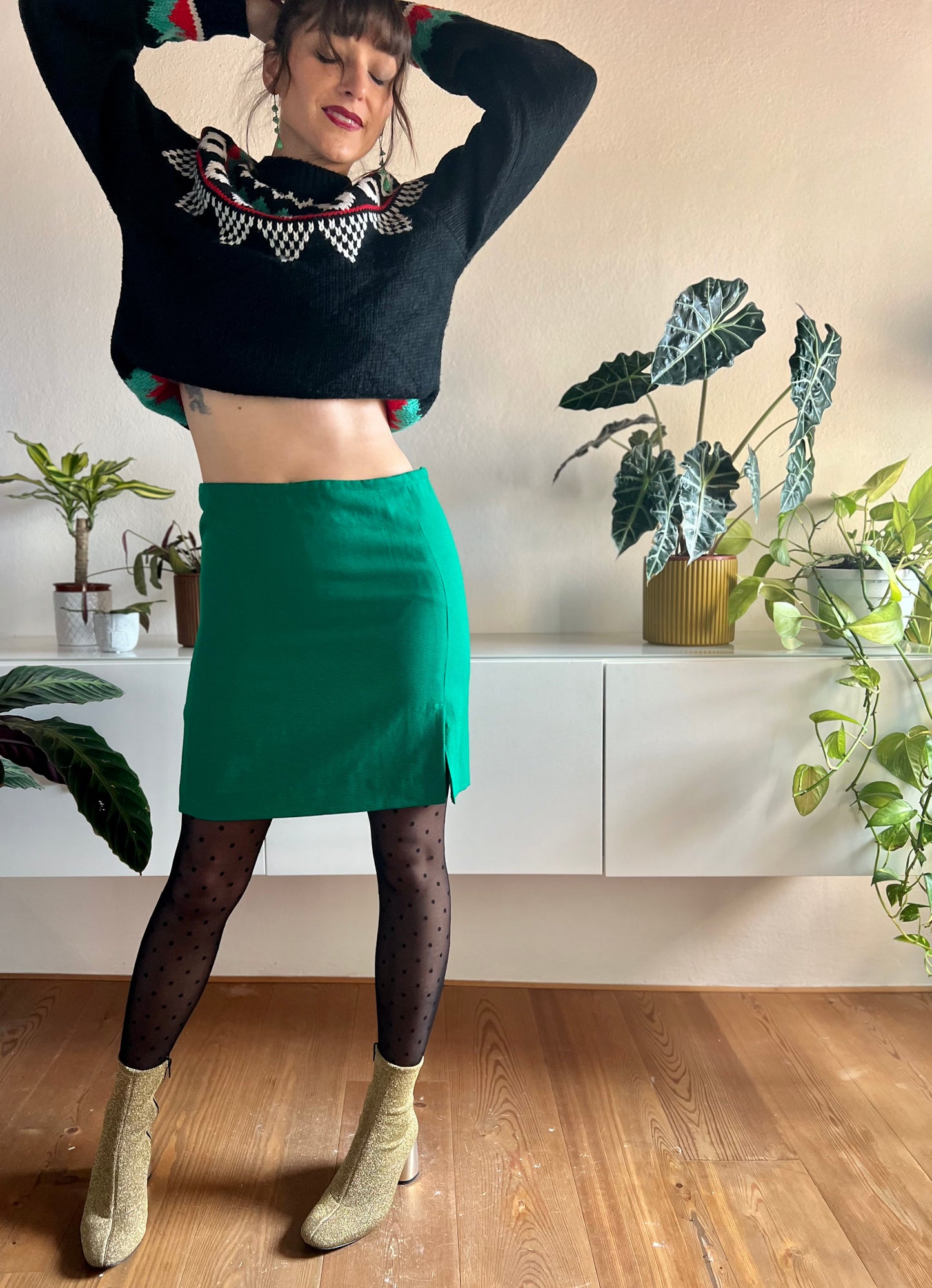 1990's vintage textured green wool mini skirt