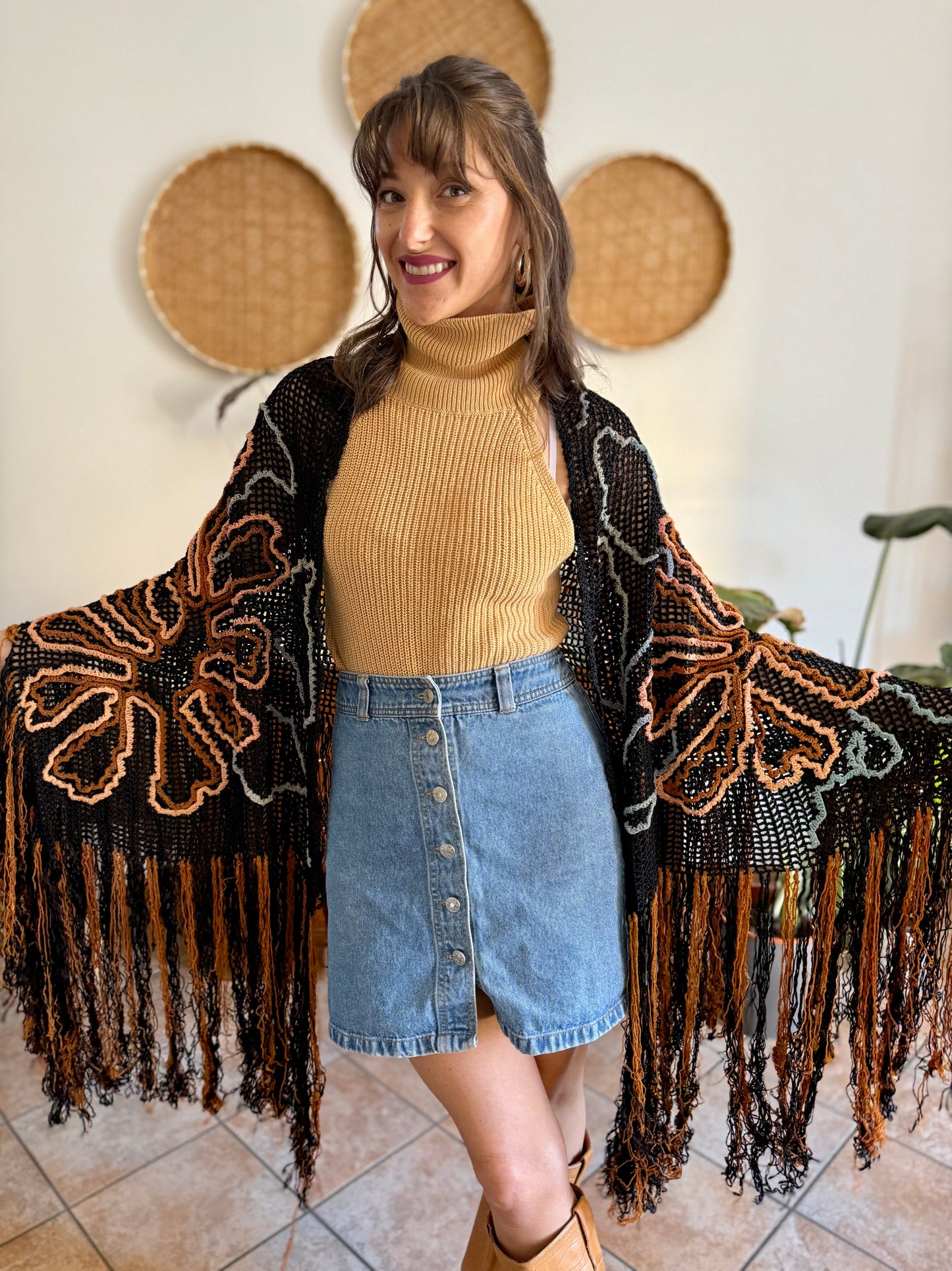 1970's vintage black and tan floral chenille knit shawl with fringe detailing