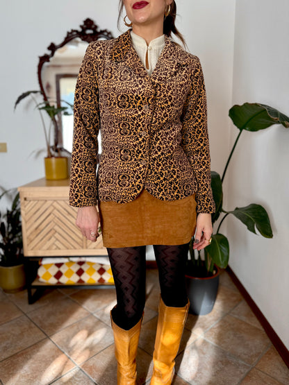 1970's vintage chocolate brown and butter yellow velvet floral blazer