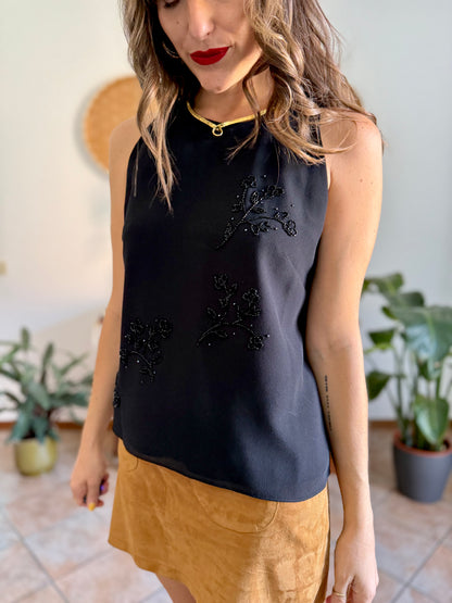 1990’s vintage black structured double layer sleeveless blouse with glass bead floral detailing