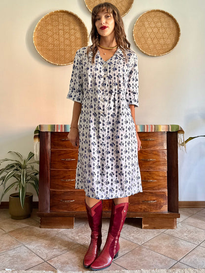 1960's vintage white and navy thick woven satin floral midi dress