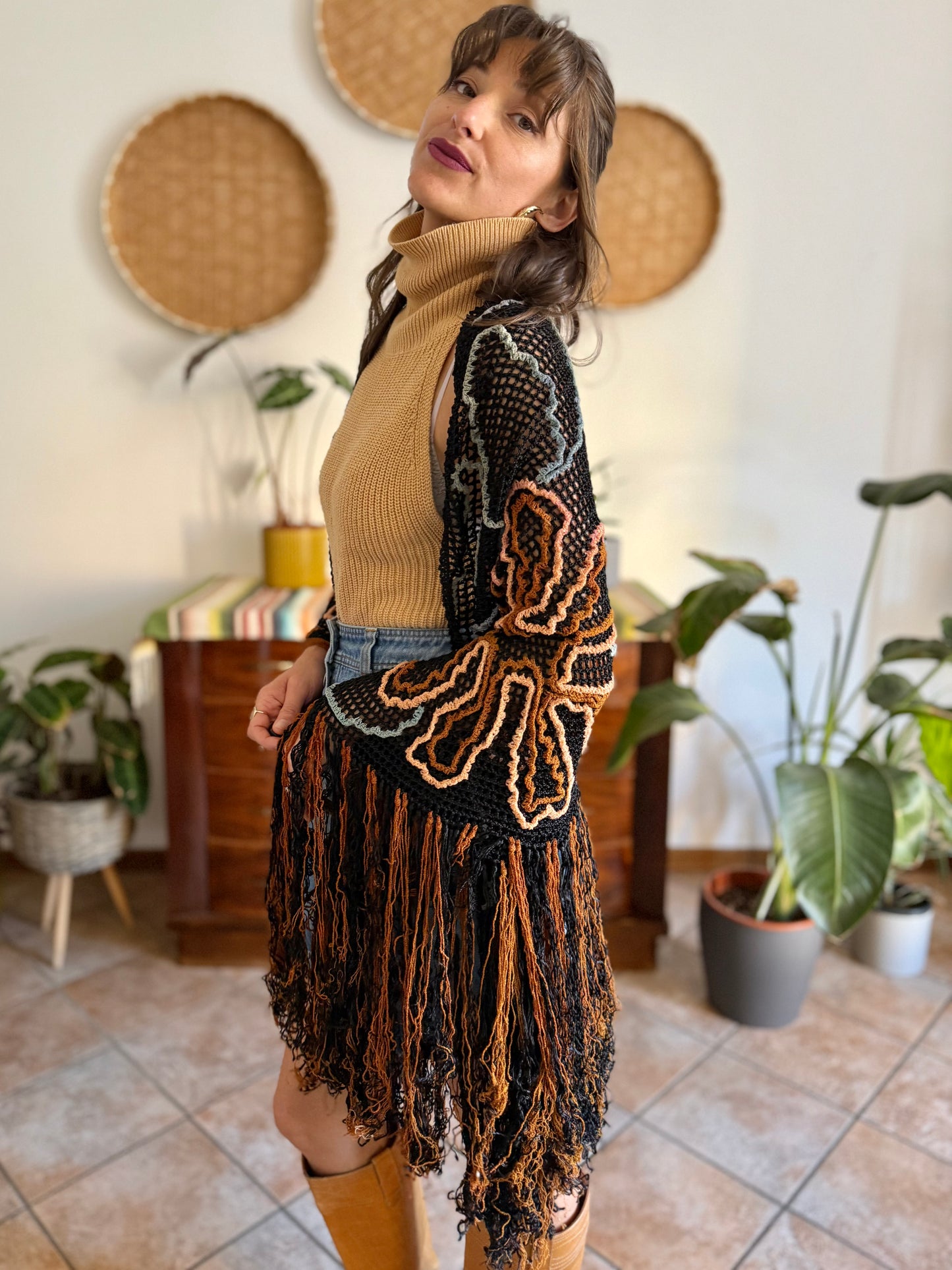 1970's vintage black and tan floral chenille knit shawl with fringe detailing