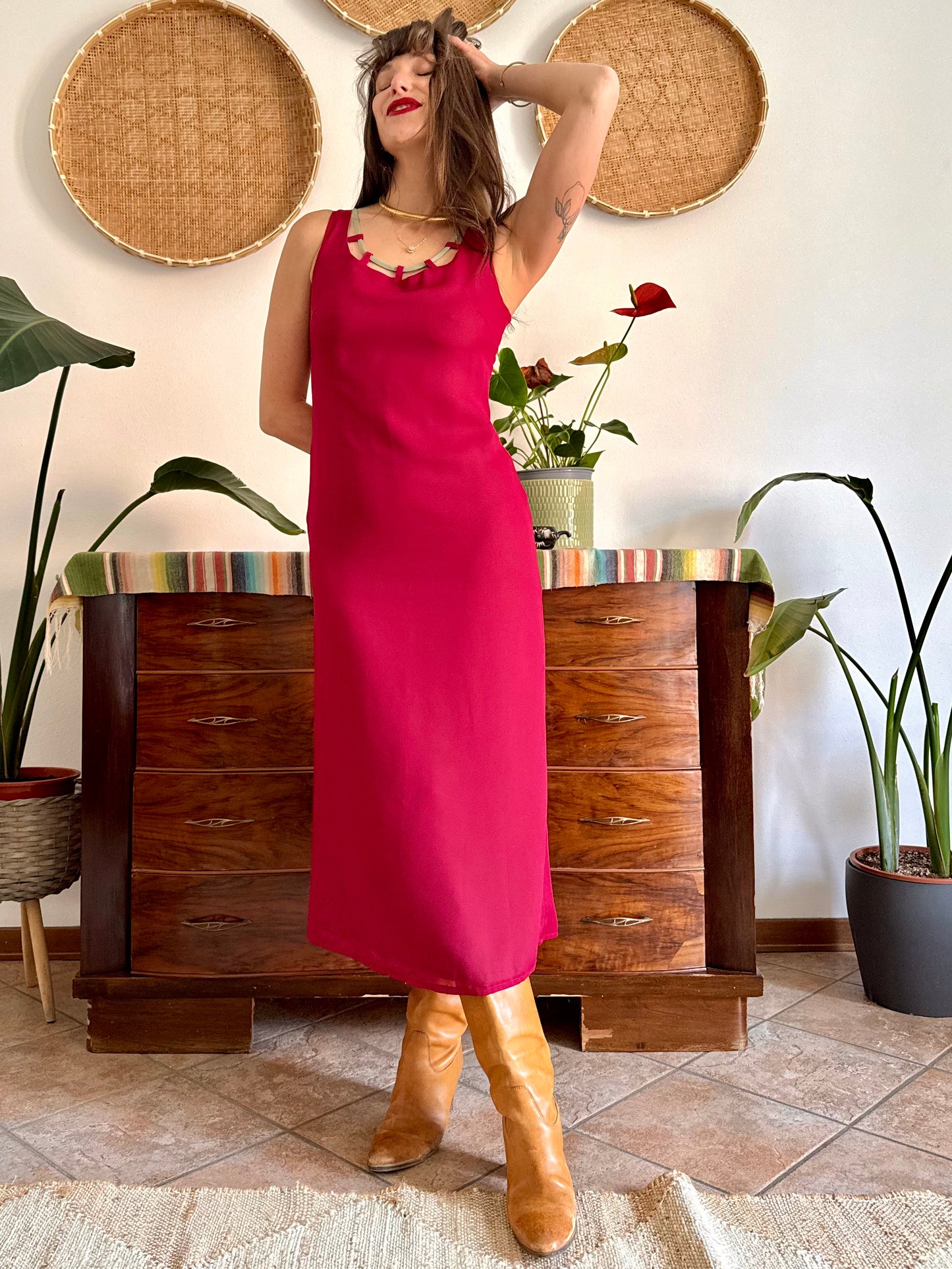 1990's vintage red and khaki reverable midi dress