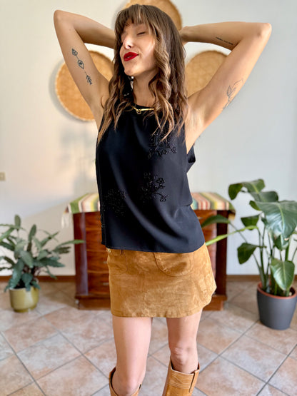 1990’s vintage black structured double layer sleeveless blouse with glass bead floral detailing