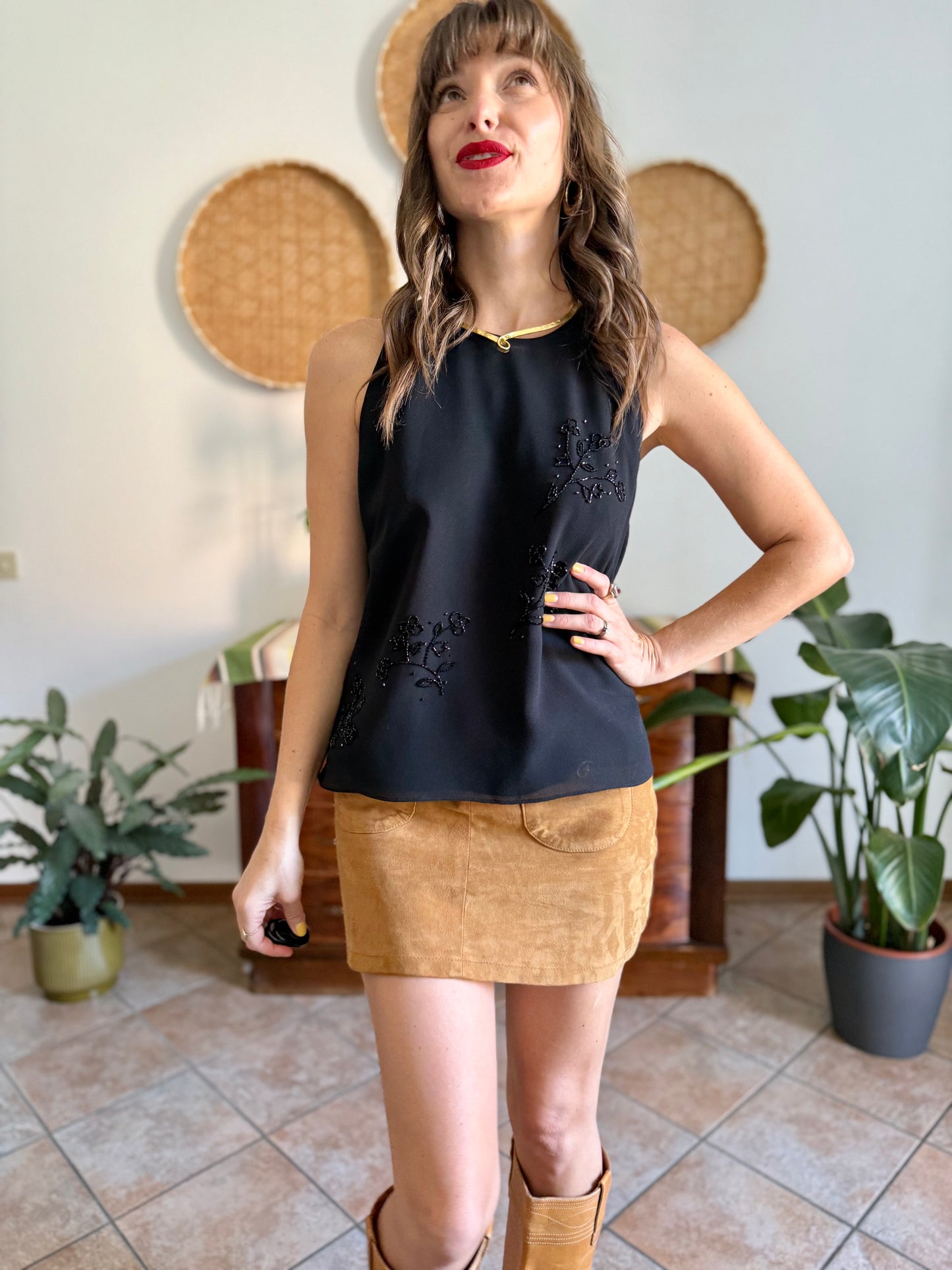 1990’s vintage black structured double layer sleeveless blouse with glass bead floral detailing