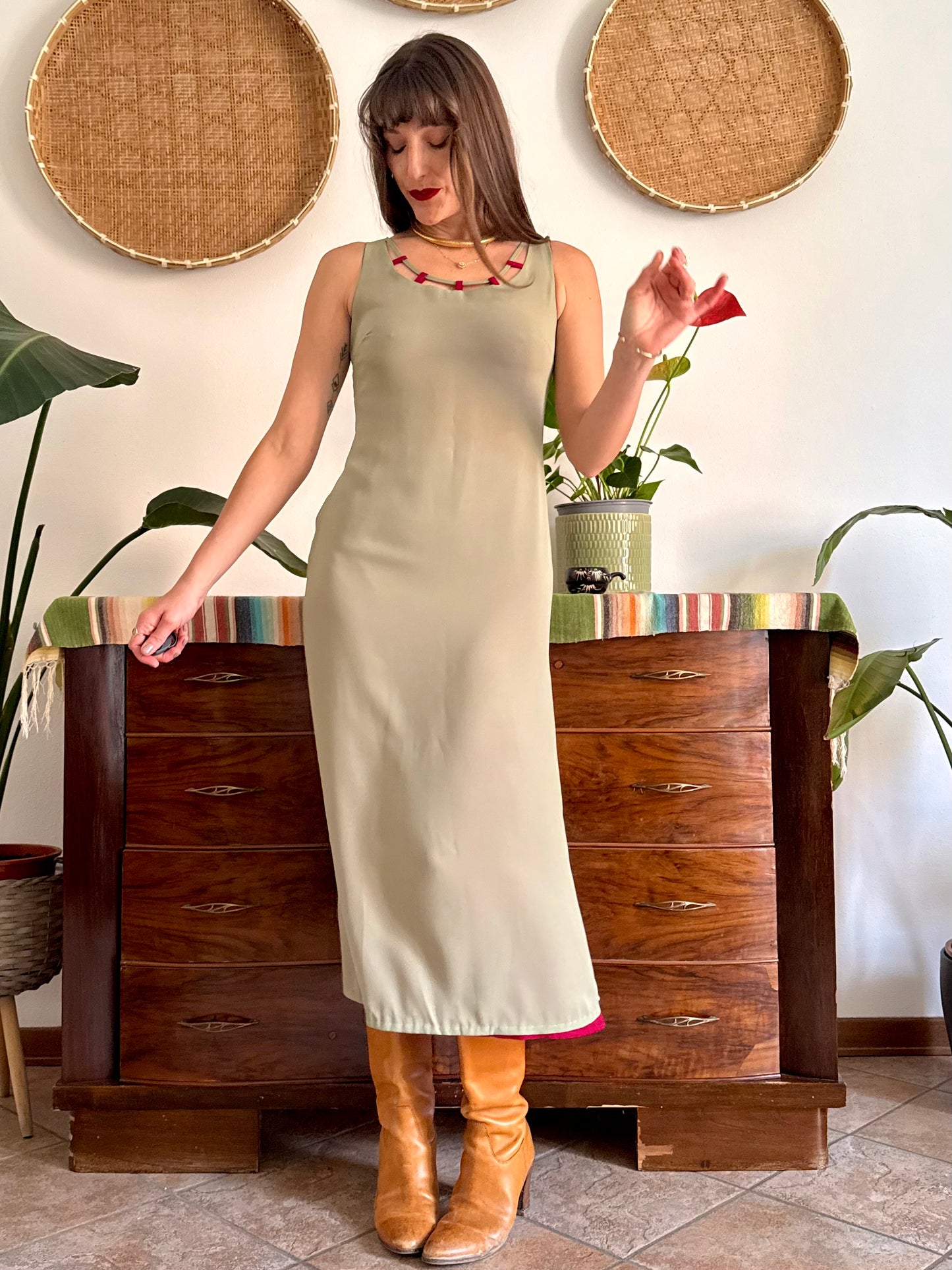 1990's vintage red and khaki reverable midi dress