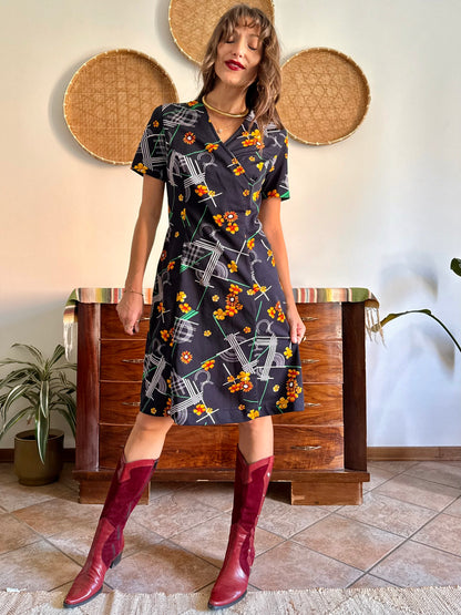 1970's vintage yellow, red, green and navy floral mod midi dress