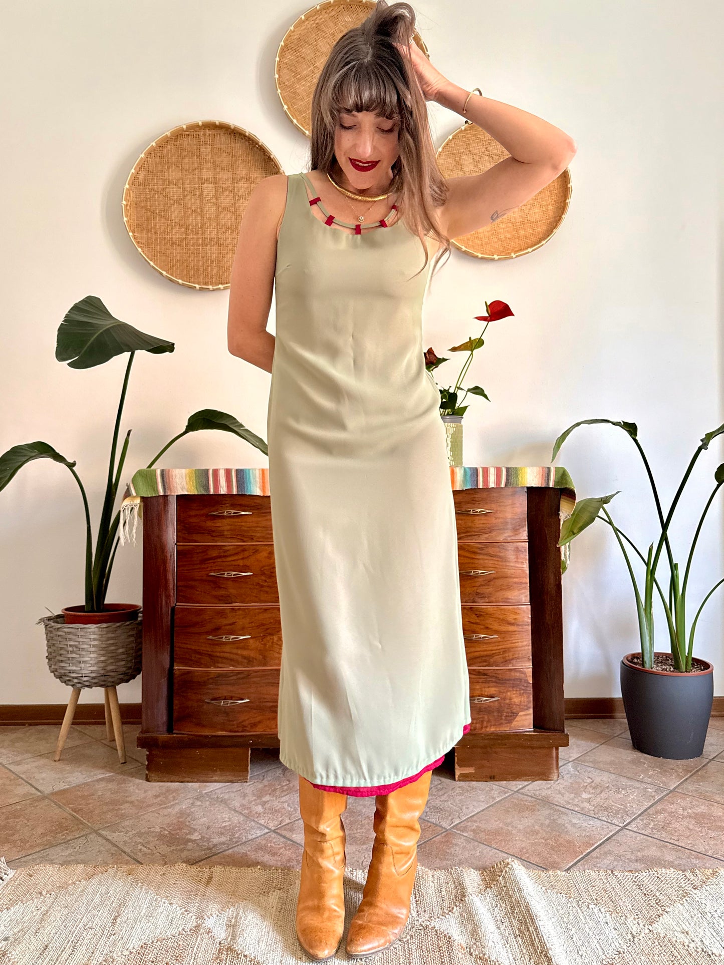 1990's vintage red and khaki reverable midi dress