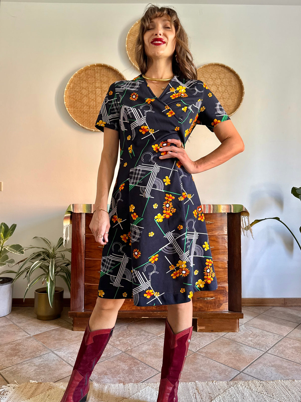 1970's vintage yellow, red, green and navy floral mod midi dress