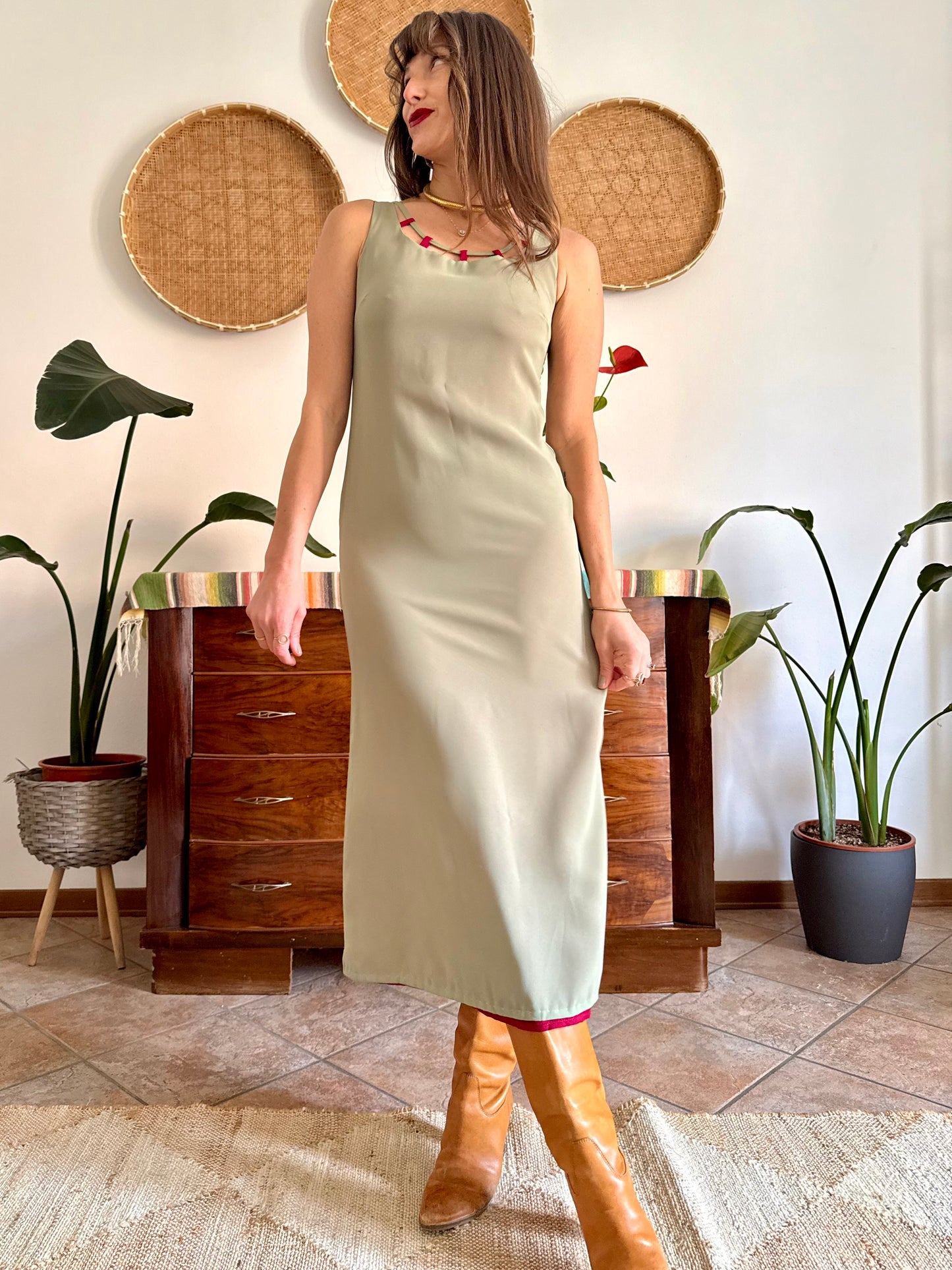 1990's vintage red and khaki reverable midi dress