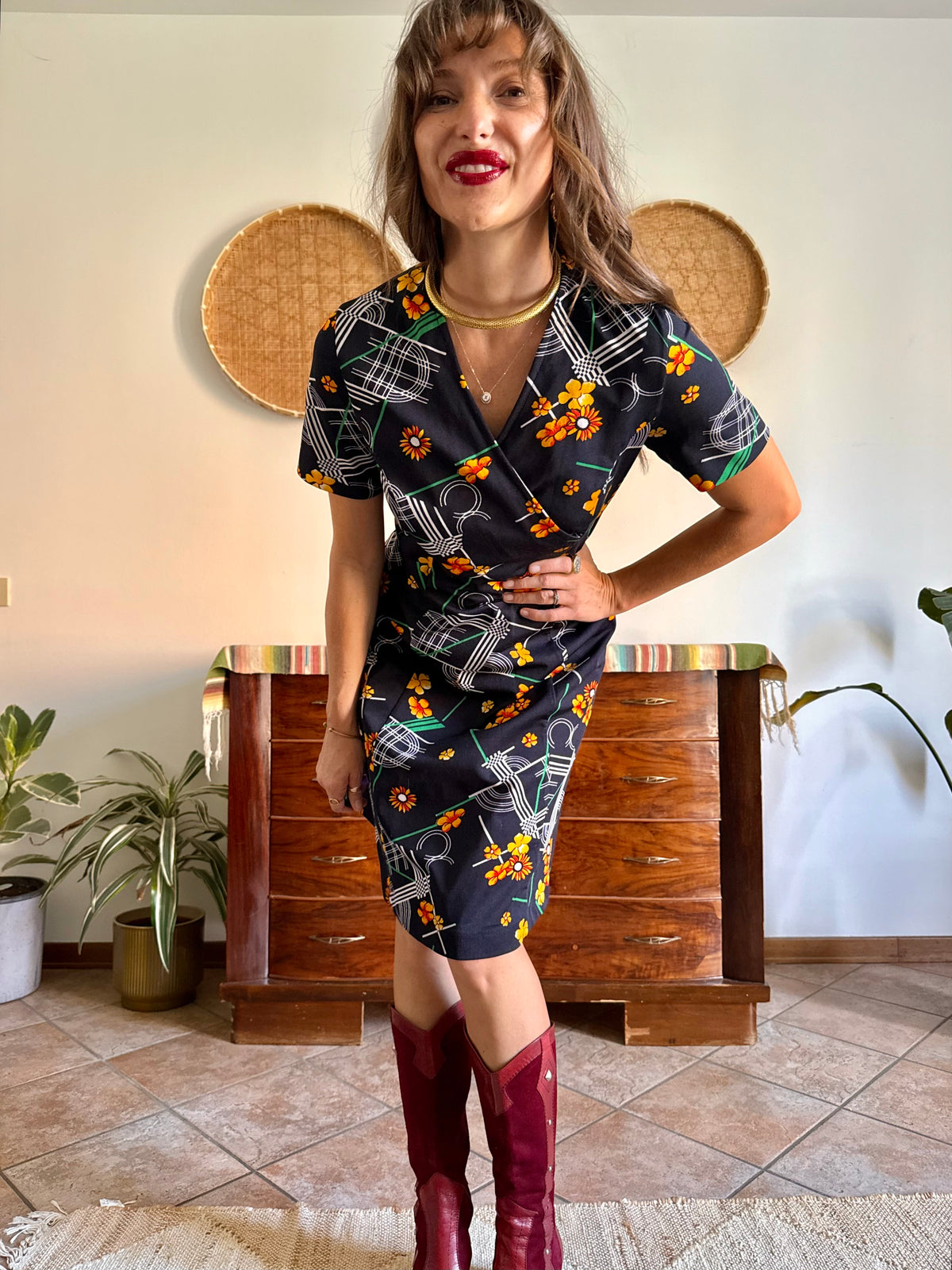 1970's vintage yellow, red, green and navy floral mod midi dress