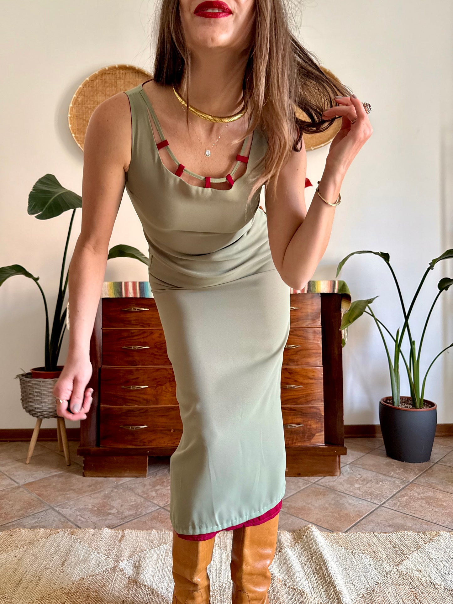1990's vintage red and khaki reverable midi dress