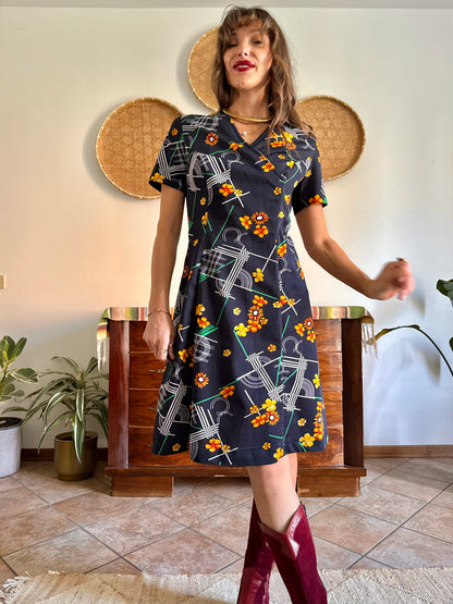 1970's vintage yellow, red, green and navy floral mod midi dress