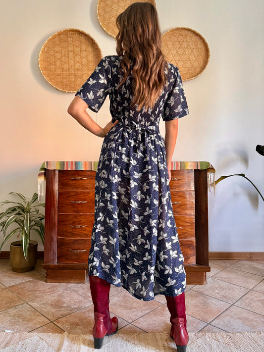 1990's vintage navy blue floral print maxi prairie dress