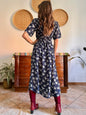 1990's vintage navy blue floral print maxi prairie dress