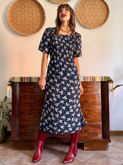 1990's vintage navy blue floral print maxi prairie dress