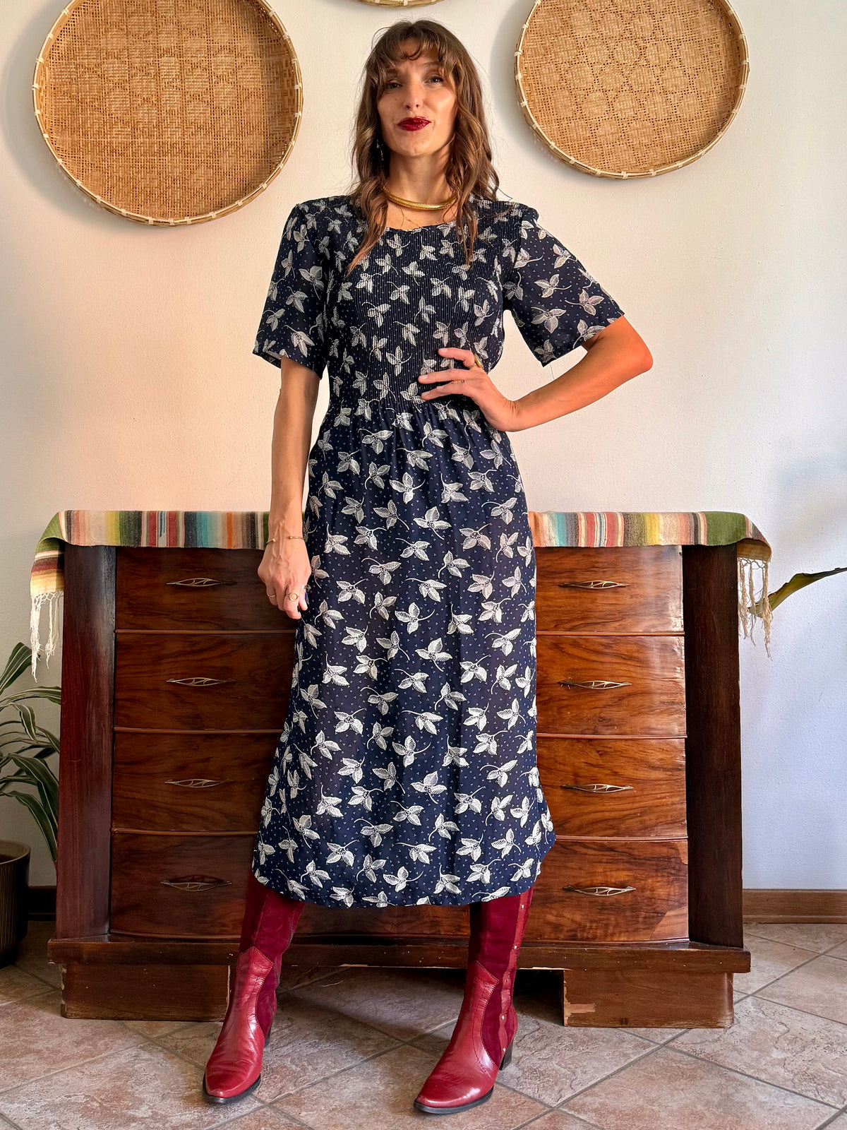 1990's vintage navy blue floral print maxi prairie dress