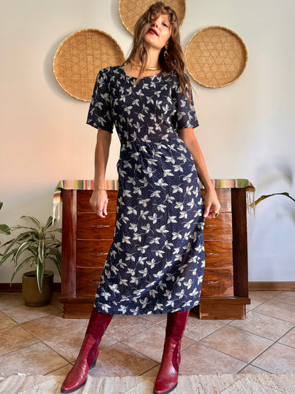 1990's vintage navy blue floral print maxi prairie dress