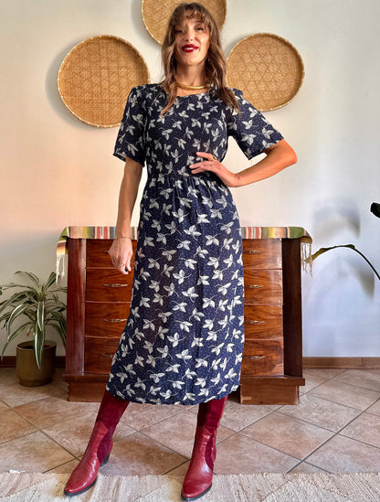 1990's vintage navy blue floral print maxi prairie dress
