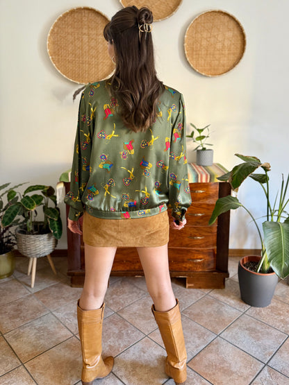 1970’s vintage green silk blouse with multicolor equestrian  \print