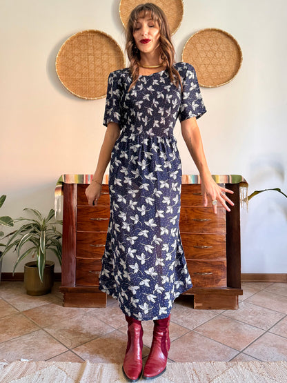 1990's vintage navy blue floral print maxi prairie dress