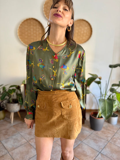 1970’s vintage green silk blouse with multicolor equestrian  \print