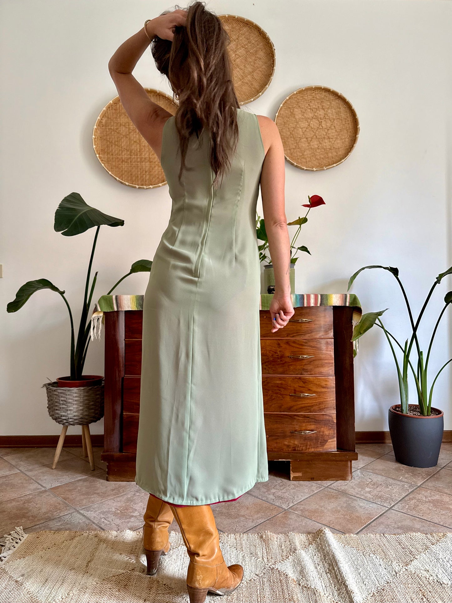 1990's vintage red and khaki reverable midi dress