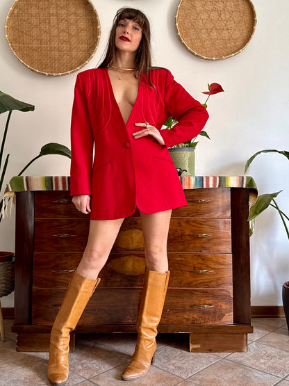1980's vintage cherry red blazer dress with geometric construction detailing