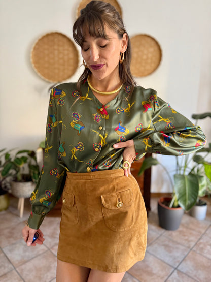 1970’s vintage green silk blouse with multicolor equestrian  \print