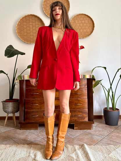 1980's vintage cherry red blazer dress with geometric construction detailing