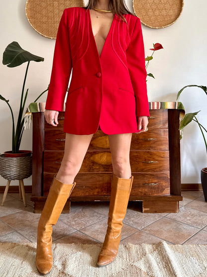 1980's vintage cherry red blazer dress with geometric construction detailing