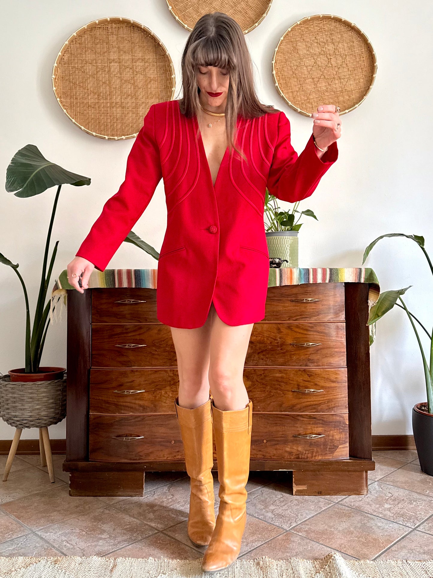 1980's vintage cherry red blazer dress with geometric construction detailing