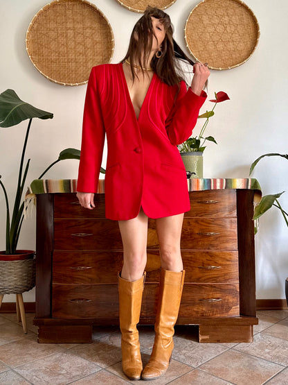 1980's vintage cherry red blazer dress with geometric construction detailing