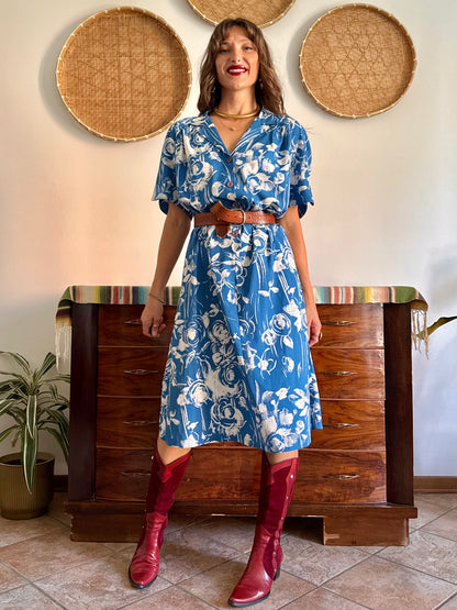 1960's vintage blue and cream floral silk midi dress