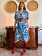 1960's vintage blue and cream floral silk midi dress