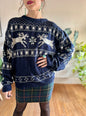 1990's vintage unisex navy and cream reindeer knit wool pullover