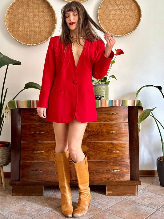1980's vintage cherry red blazer dress with geometric construction detailing