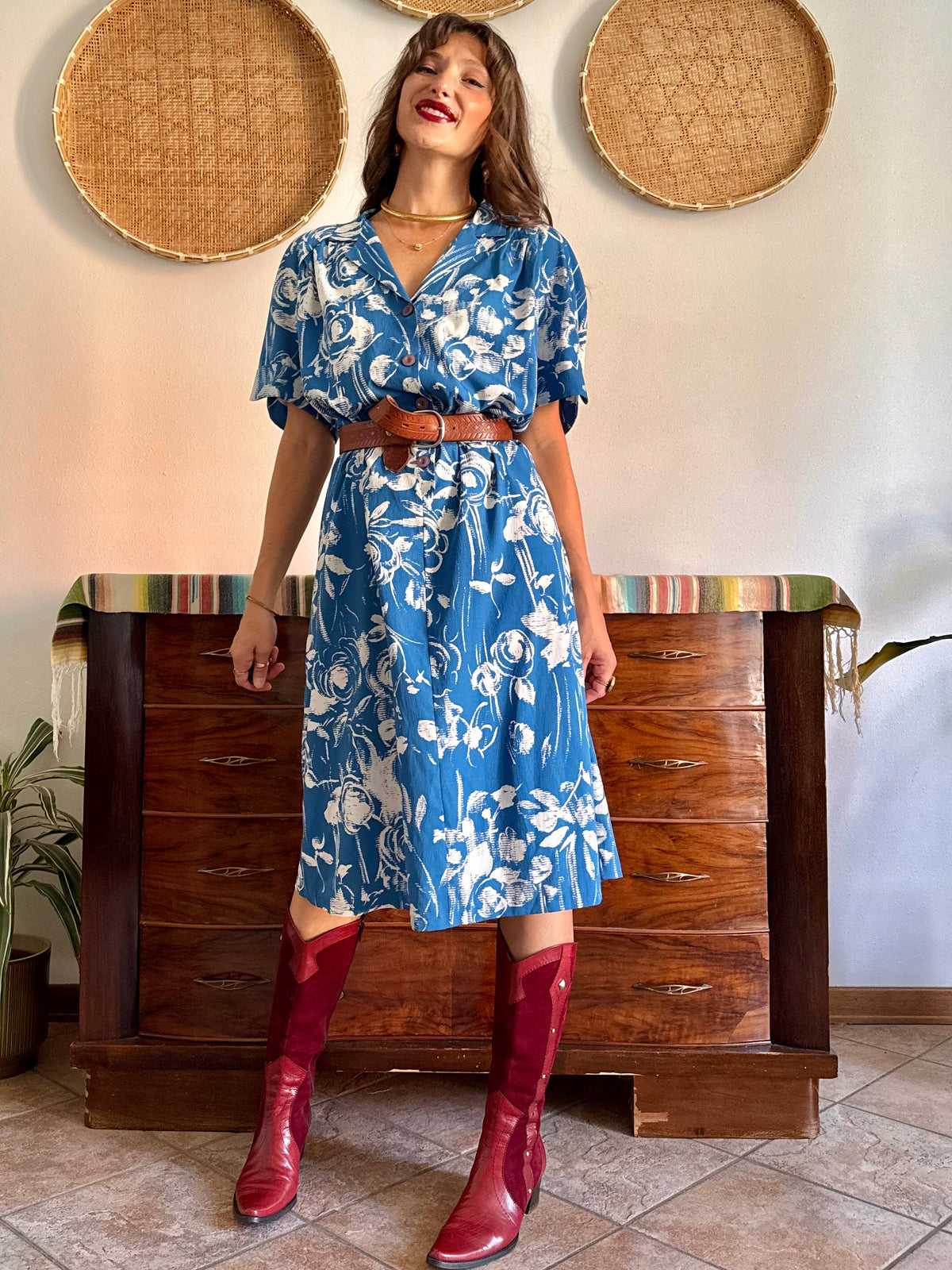 1960's vintage blue and cream floral silk midi dress