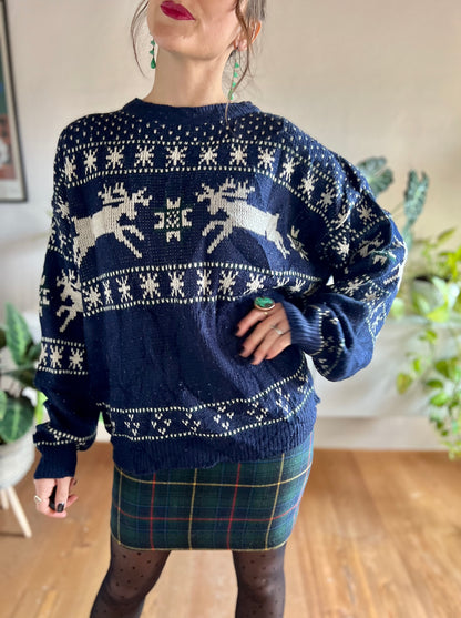 1990's vintage unisex navy and cream reindeer knit wool pullover