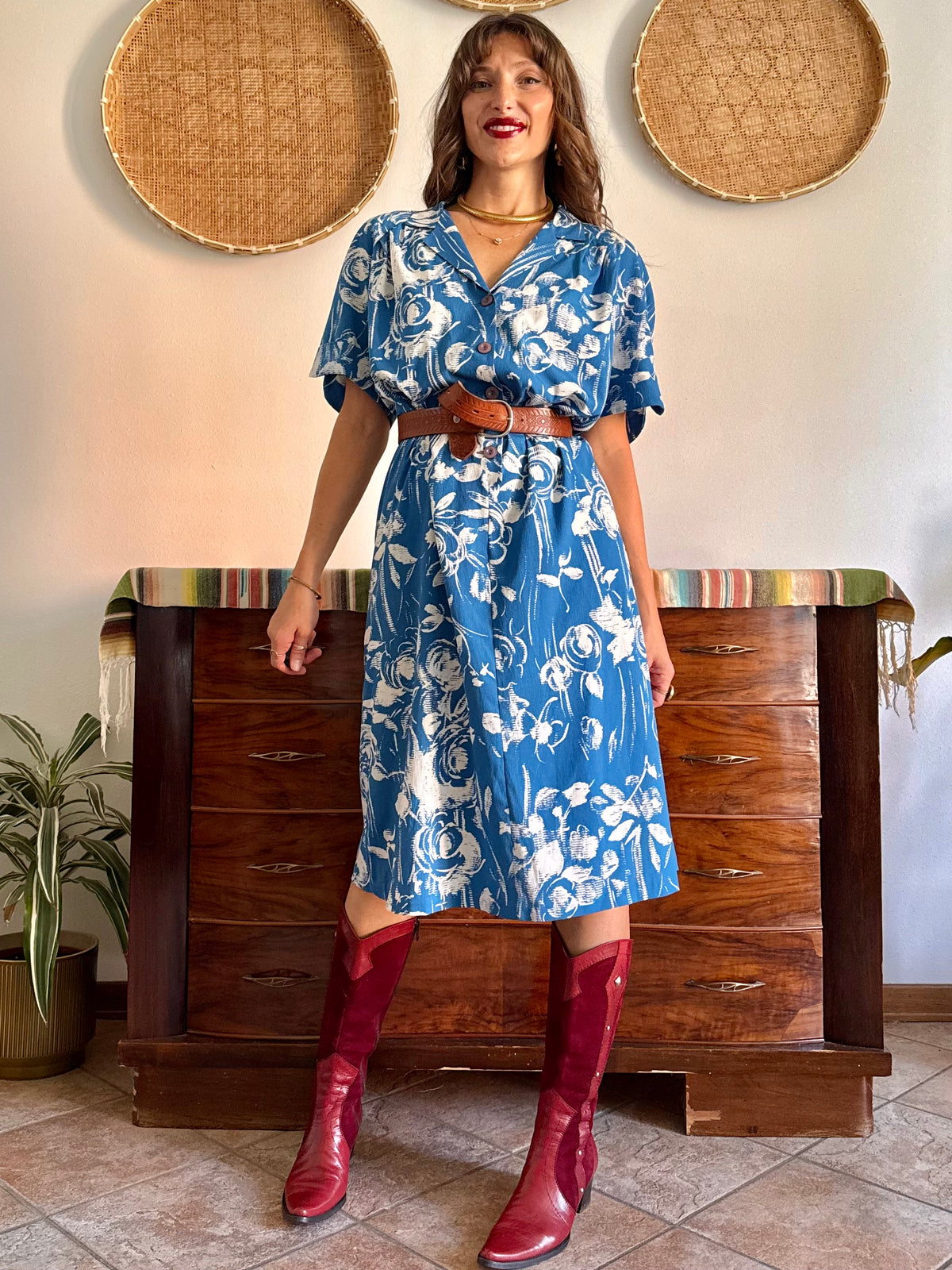 1960's vintage blue and cream floral silk midi dress