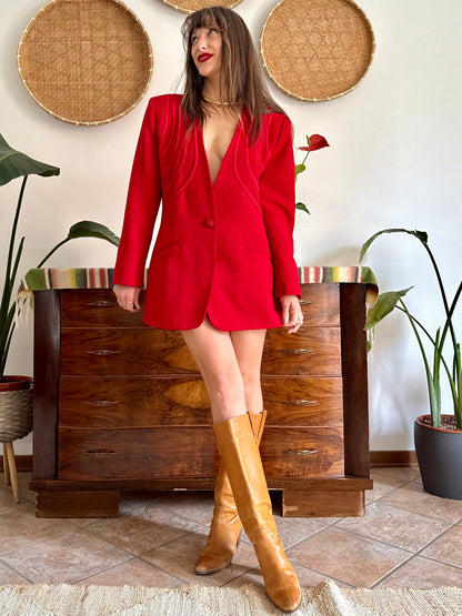 1980's vintage cherry red blazer dress with geometric construction detailing