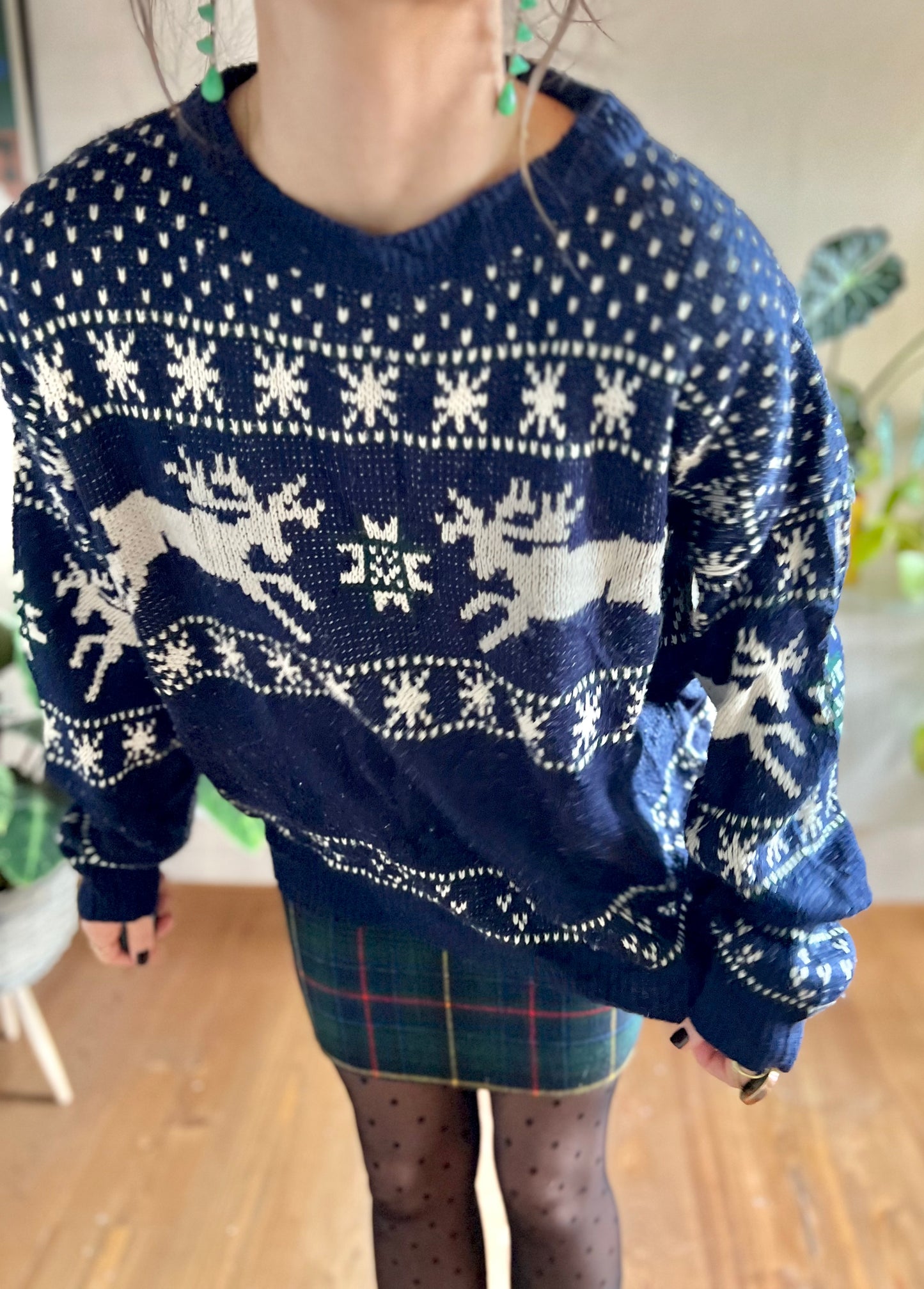 1990's vintage unisex navy and cream reindeer knit wool pullover