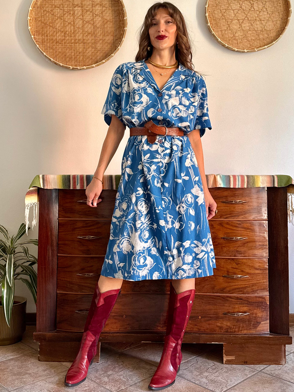 1960's vintage blue and cream floral silk midi dress