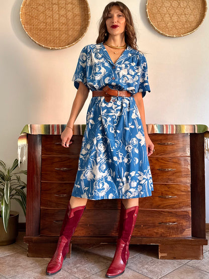 1960's vintage blue and cream floral silk midi dress