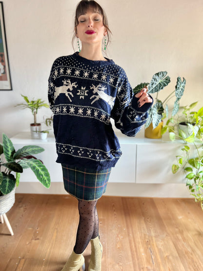 1990's vintage unisex navy and cream reindeer knit wool pullover