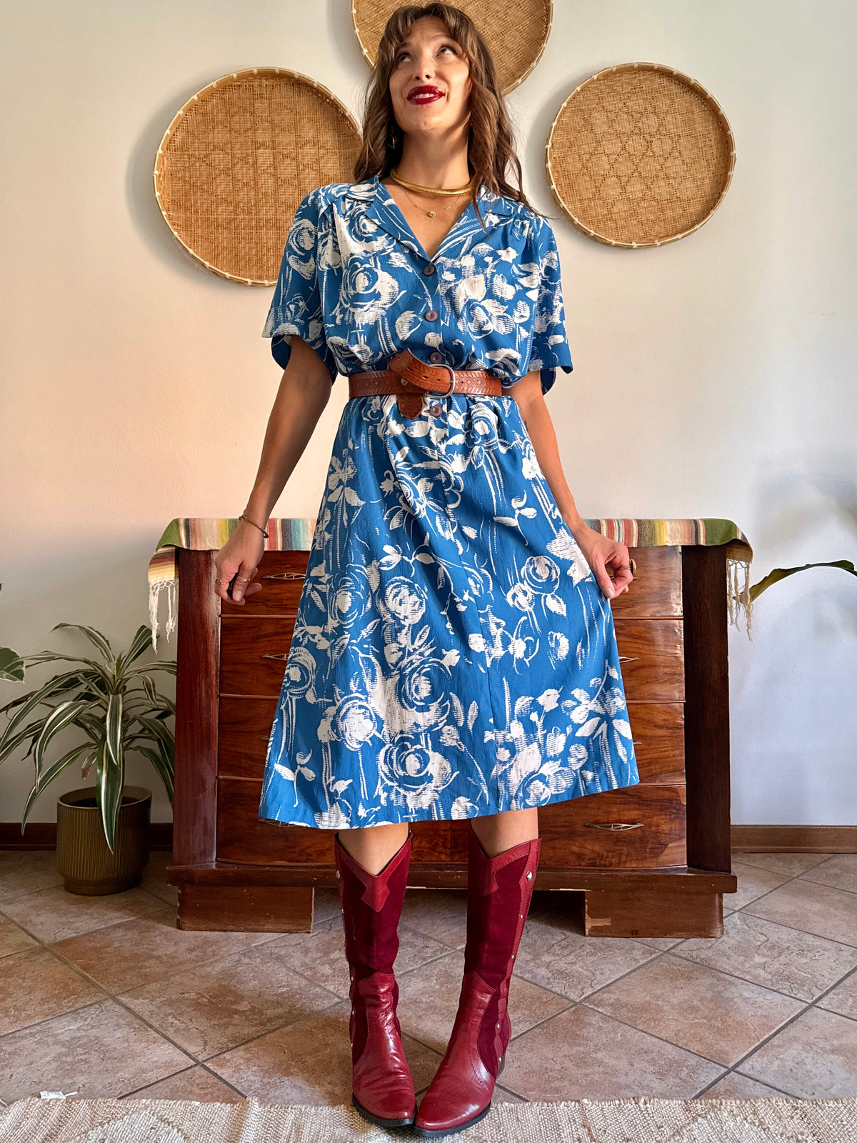 1960's vintage blue and cream floral silk midi dress